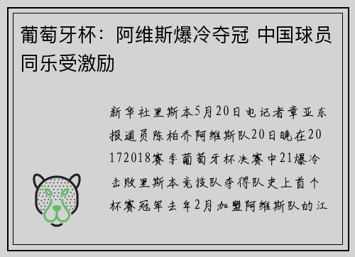 葡萄牙杯：阿维斯爆冷夺冠 中国球员同乐受激励