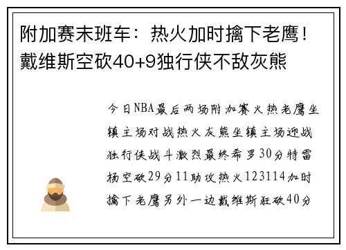 附加赛末班车：热火加时擒下老鹰！戴维斯空砍40+9独行侠不敌灰熊